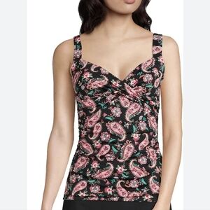 ​NWT Lands' End Women's Faux Wrap Tankini Top Paisley Print Black Size 12